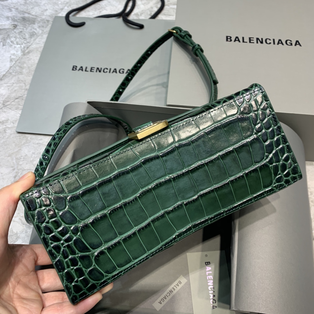 Balenciaga Hourglass Small Handbag Crocodile Embossed Shoulder Bag Dark Green